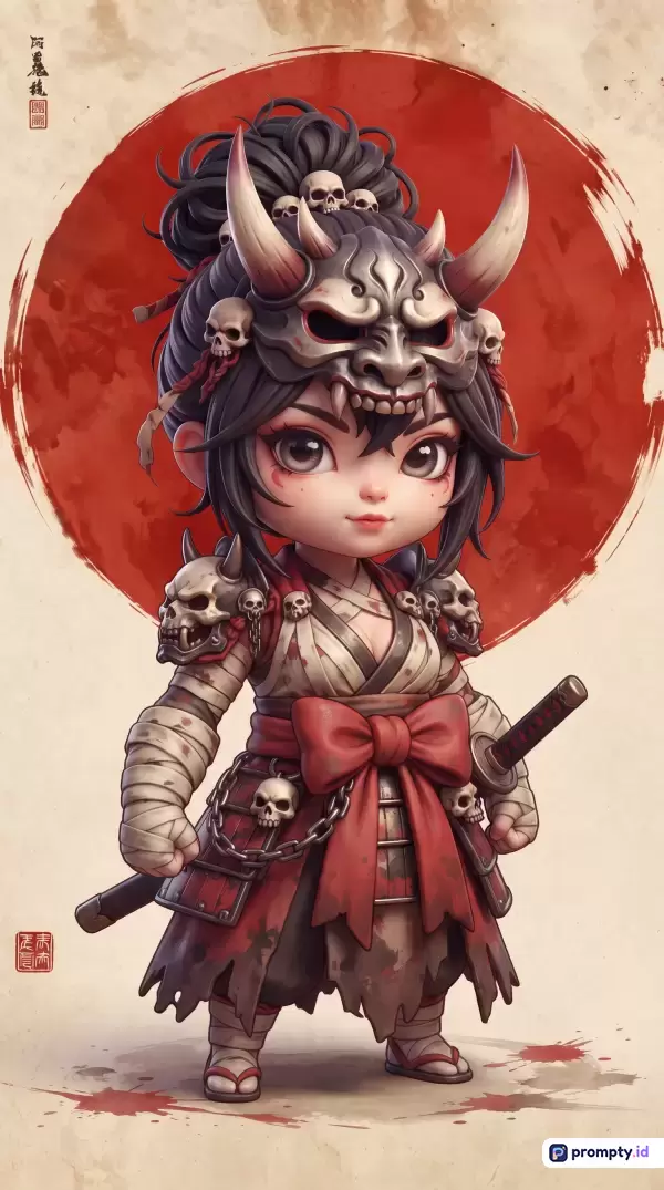 Gambar ini berukuran 576x1024 piksel dengan gaya digital art chibi 3D yang menampilkan konten seorang prajurit samurai wanita bergaya oni bertema gelap dengan dominasi warna merah, hitam, dan krem, serta kata kunci oni, samurai, chibi, tengkorak, jepang, merah, prajurit, topeng, katana, dan fantasy.