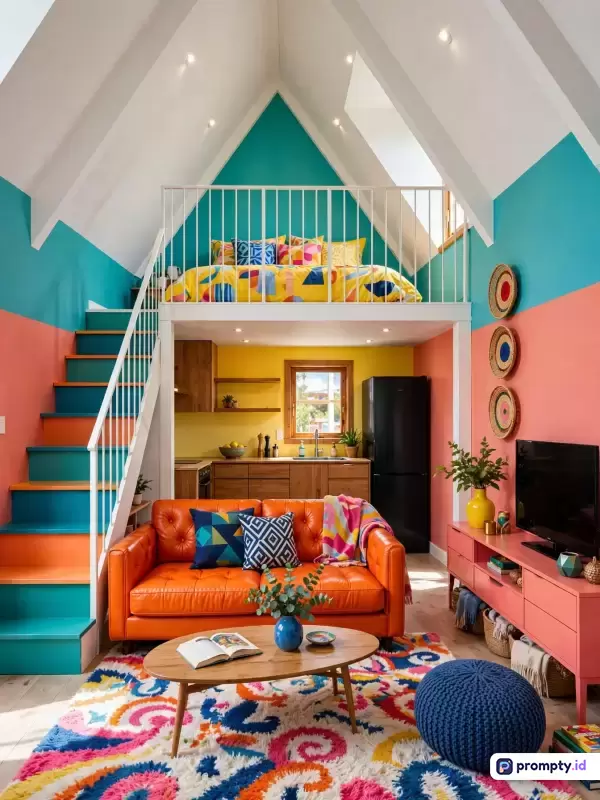 Gambar bergaya interior modern kontemporer yang menampilkan ruang tamu loteng ceria dengan kombinasi warna dinding pirus, merah muda, dan kuning, serta sofa jingga di bawah tempat tidur lantai atas yang menggunakan kata kunci desain interior, rumah minimalis, dan dekorasi warna-warni, didominasi oleh warna pirus, merah muda, dan jingga.