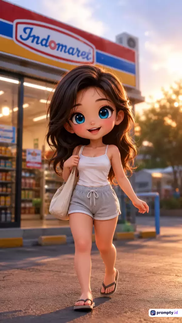 Gambar bergaya animasi 3D chibi yang ceria ini menampilkan seorang gadis berambut cokib, bermata biru besar, mengenakan tanktop putih dan celana pendek abu-abu sambil berjalan membawa tas kain di depan minimarket Indomaret saat senja, dengan kata kunci animasi 3D, chibi, gadis, Indomaret, kasual, dan senja, serta didominasi oleh warna putih, abu-abu, dan cokelat.