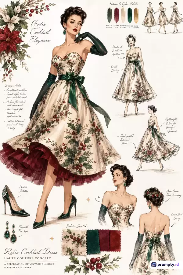 Ilustrasi mode retro haute couture dalam gaya sketsa digital ini menampilkan gaun koktail Natal elegan dengan motif botani beri dan holly, dilengkapi kata kunci gaun pesta vintage, retro cocktail elegance, serta palet tiga warna dominan yaitu hijau zamrud, merah berry, dan krem gading.