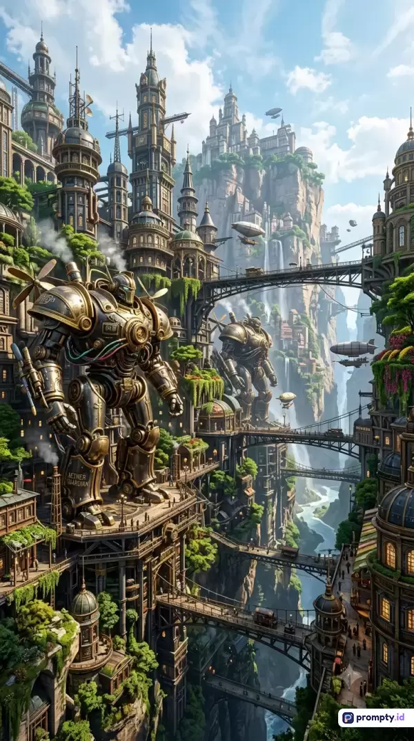 Gambar bergaya digital art beraliran steampunk dan solarpunk ini menampilkan lanskap kota futuristik di pegunungan tinggi dengan robot penjaga raksasa berwarna perunggu dan emas, dipenuhi elemen arsitektur Victoria, jembatan gantung, air terjun, kapal udara, serta tumbuhan hijau yang subur, dengan kata kunci kota steampunk, robot raksasa, arsitektur futuristik, pegunungan tinggi, dan teknologi retro, didominasi oleh warna biru langit, hijau daun, dan cokelat perunggu.