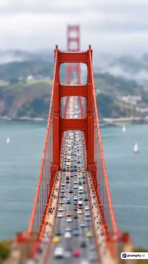 Foto fotografi arsitektur bergaya tilt-shift ini menampilkan Jembatan Golden Gate di San Francisco dari sudut pandang tinggi dengan fokus tajam pada struktur oranye di latar depan dan efek buram kreatif pada lalu lintas mobil, perairan laut, serta perbukitan berkabut di latar belakang, dengan kata kunci jembatan, arsitektur, San Francisco, lalu lintas, dan lanskap kota, serta didominasi oleh tiga warna utama yaitu oranye, abu-abu, dan hijau kebiruan.