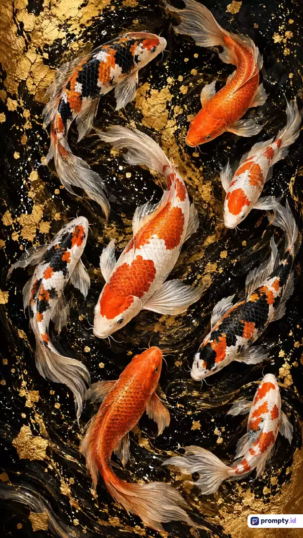 Gambar lukisan gaya kontemporer beraliran ekspresionisme ini menampilkan konten sekelompok ikan koi elegan yang berenang di atas latar belakang hitam bertekstur taburan cat emas mewah, dengan kata kunci ikan koi, lukisan emas, seni abstrak, dan kemewahan, serta didominasi oleh tiga warna utama yaitu hitam, oranye, dan emas.