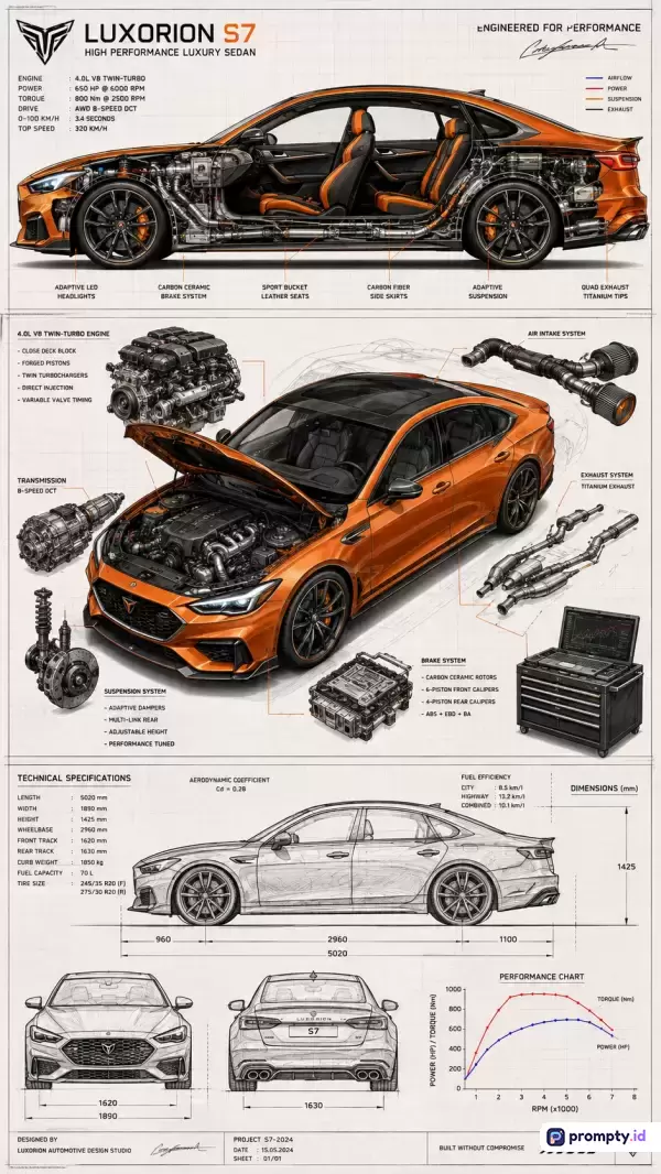 Gambar bergaya ilustrasi teknik sketsa biru-oranye ini menampilkan konten lembar cetak biru mobil sedan mewah oranye Luxorion S7 dengan spesifikasi mesin, diagram komponen, dan dimensi teknik, serta menggunakan kata kunci sedan mewah, spesifikasi mesin, cetak biru otomotif, diagram teknik, mobil oranye, dan desain futuristik dengan tiga warna dominan yaitu oranye, abu-abu tua, dan putih terang.