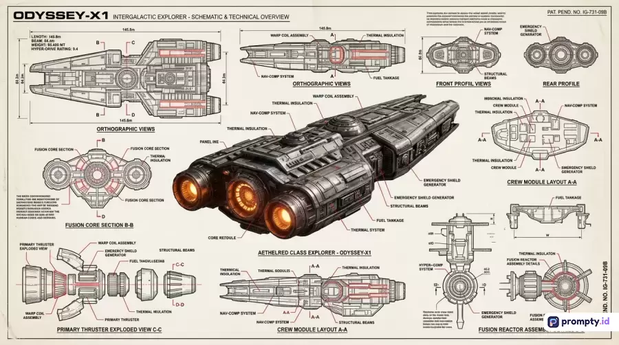 Gambar berjenis cetak biru teknik fiksi ilmiah (*sci-fi blueprint*) bergaya sketsa retro-futuristik ini menampilkan konten visual berupa diagram teknis, skema ortografik, detail penampang, dan rendering perspektif 3D dari kapal penjelajah luar angkasa ODYSSEY-X1 dengan dominasi warna krem, cokelat tua, dan merah bata, serta dilengkapi kata kunci metadata seperti kapal luar angkasa, cetak biru, teknis, skema, fiksi ilmiah, penjelajah, mekanik, diagram, dan masa depan.