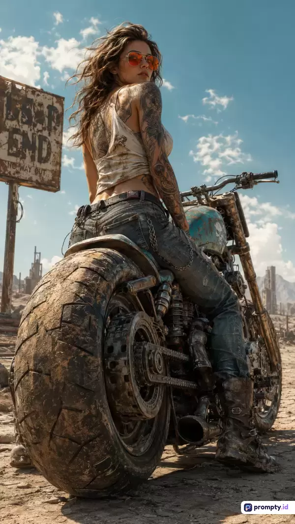 Gambar bergaya fotografi sinematik pasca-apokaliptik ini menampilkan seorang wanita bertato mengenakan kacamata hitam, tank top kotor, dan celana jeans, sedang duduk di atas sepeda motor kustom berukuran besar dengan ban belakang tebal di latar gurun tandus berdebu dengan langit biru berawan, yang dikurasi menggunakan kata kunci wanita, pasca-apokaliptik, sepeda motor, gurun, tato, petualangan, dan aksi, dengan dominasi palet warna cokelat tanah, biru langit, dan abu-abu gelap.