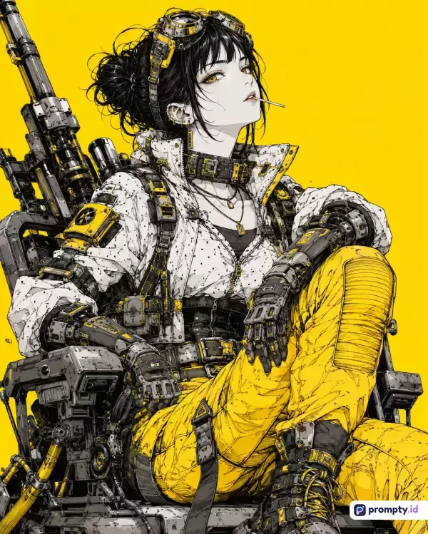 Gambar ilustrasi bergaya anime cyberpunk ini menampilkan seorang wanita berambut hitam dengan kacamata pelindung, sedang duduk santai mengenakan jaket putih, celana kuning, dan sarung tangan mekanis futuristik sambil membawa senjata berat di kursi mekanis berlatar belakang kuning, dengan kata kunci: anime, cyberpunk, fiksi ilmiah, wanita tangguh, senjata masa depan, mekanik, futuristik, aksi; serta didominasi oleh tiga warna utama yaitu kuning, putih, dan hitam.