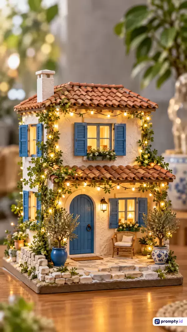 Gambar bergaya fotografi miniatur realistis ini menampilkan sebuah diorama rumah bergaya Mediterania berlantai dua yang hangat dan estetis, dengan konten utama berupa bangunan dinding putih, jendela biru, genteng cokelat kemerahan, tanaman rambat berselimut lampu peri temaram, serta teras berbatu yang dihiasi pot tanaman dan kursi kecil, diperkaya dengan kata kunci seperti miniatur rumah, dekorasi buatan tangan, estetika pedesaan, lampu hangat, arsitektur Mediterania, dan kerajinan detail, yang didominasi oleh perpaduan warna putih gading, biru laut, dan cokelat terakota.