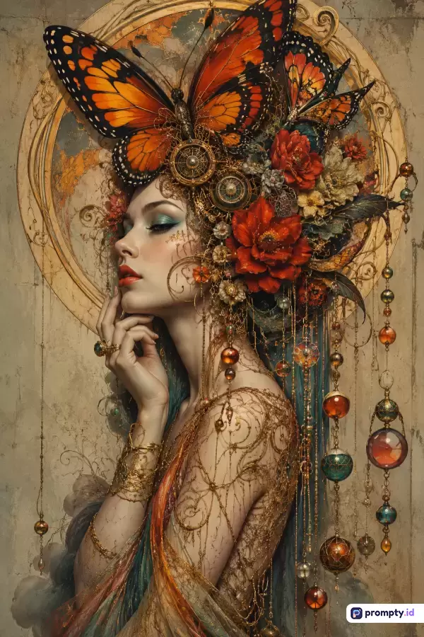 Gambar bergaya seni ilustrasi digital fantastis dengan gaya Art Nouveau yang menampilkan seorang wanita elegan berhias hiasan kepala kupu-kupu oranye raksasa, bunga merah, dan ornamen gantung emas yang rumit, menggunakan kata kunci seperti fantasi, wanita, kupu-kupu, ornamen, dan surealis, didominasi oleh warna oranye, merah bata, dan emas kecokelatan.