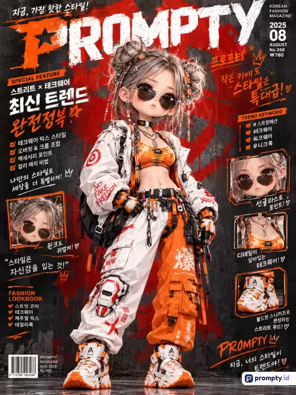 Gambar sampul majalah mode bergaya animasi 3D ini menampilkan model Chibi berambut abu-abu dengan kacamata hitam, mengenakan pakaian *streetwear* teknis berwarna oranye, putih, dan hitam, dengan kata kunci seperti gaya jalanan, mode Korea, tren masa depan, dan estetika urban, didominasi oleh warna oranye, putih, dan hitam.