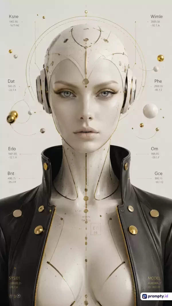 Gambar bergaya fiksi ilmiah futuristik ini menampilkan potret close-up android wanita berkulit putih porselen dengan aksen emas dan jaket kulit hitam, dikelilingi oleh elemen antarmuka digital dan partikel melayang dengan kombinasi warna dominan putih krem, emas metalik, dan hitam arang yang merepresentasikan kata kunci kecerdasan buatan, cyborg, desain futuristik, teknologi canggih, dan estetika sinematik.