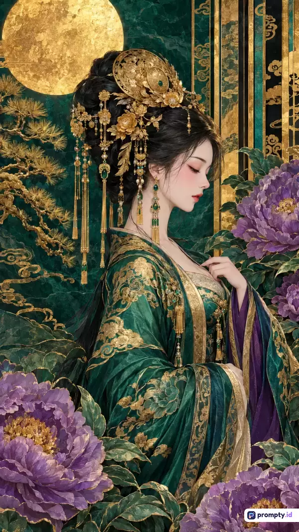Gambar bergaya ilustrasi digital ini menampilkan konten seorang wanita bangsawan Tiongkok berbusana hijau-emas dengan latar belakang bulan purnama, pohon pinus, dan bunga seruni ungu, menggunakan kata kunci wanita Tiongkok, busana tradisional, kemewahan, dan oriental, serta didominasi oleh warna hijau zamrud, emas, dan ungu.