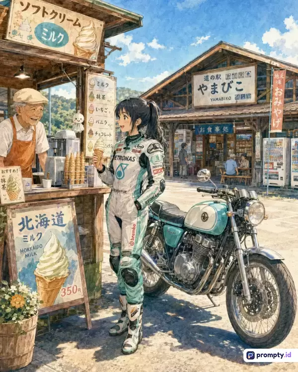 Gambar bergaya ilustrasi anime Ghibli beresolusi tinggi ini menampilkan seorang pembalap wanita berseragam lengkap yang sedang membeli es krim dari seorang pria tua di kedai pinggir jalan Jepang, ditemani oleh sebuah motor klasik bergaya retro, dengan kata kunci seperti anime nostalgia, Jepang, motor klasik, es krim, musim panas, dan kedai tradisional, serta didominasi oleh palet warna biru langit cerah, putih bersih, dan cokelat kayu hangat.