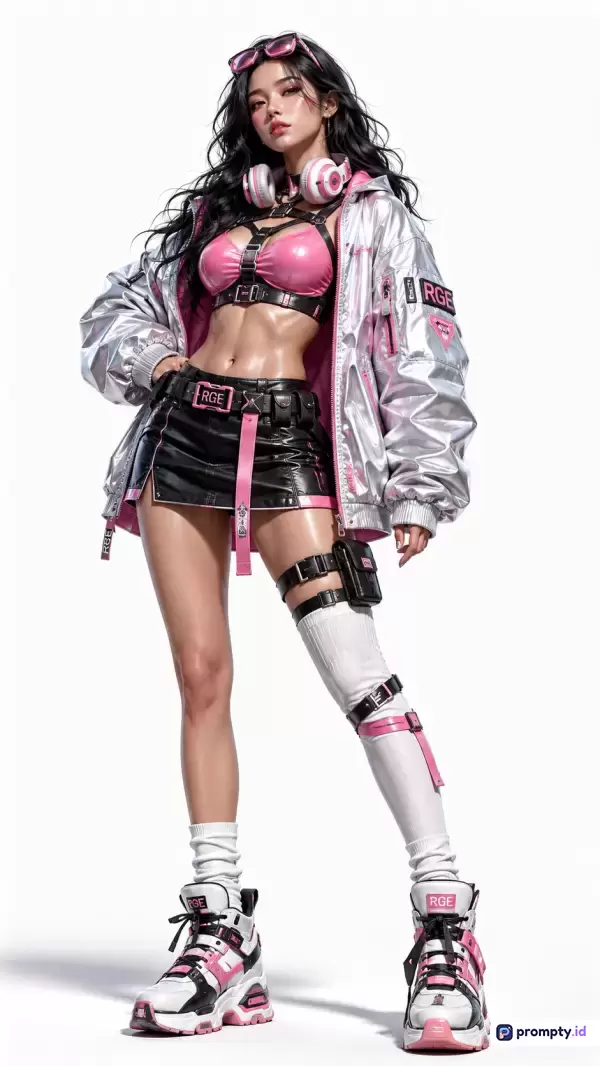 Gambar bergaya seni digital realistik ini menampilkan seorang wanita muda berambut hitam dengan gaya fashion cyberpunk modern yang mengenakan jaket bomber perak metalik, atasan merah muda, dan rok mini hitam, diperkaya dengan kata kunci seperti futuristik, fesyen jalanan, dan estetika game, serta didominasi oleh warna perak, merah muda, dan putih.