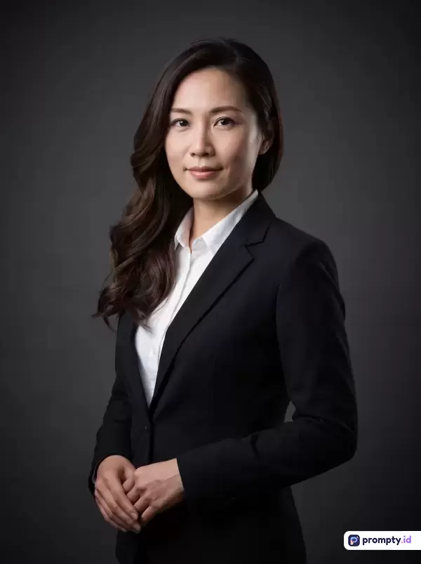 Gambar bergaya fotografi potret profesional dengan konten seorang wanita Asia berambut panjang bergelombang mengenakan kemeja putih dan blazer hitam, menggunakan kata kunci wanita karier, eksekutif, dan profesional, didominasi oleh warna hitam, putih, dan abu-abu.