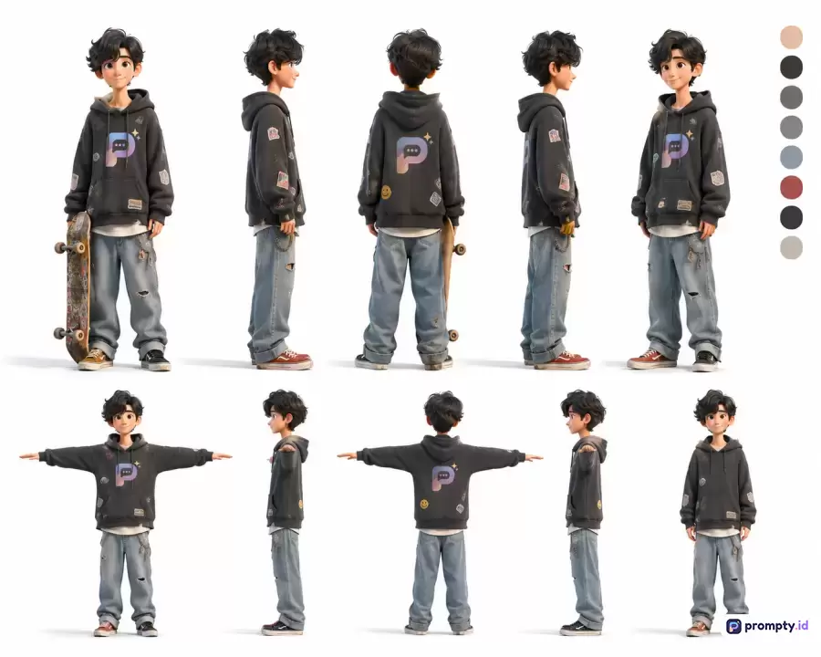 Gambar bergenre animasi 3D modern bergaya Pixar ini menampilkan lembar model karakter (character sheet) remaja laki-laki berambut hitam dengan hoodie gelap berlogo 'P', celana jeans robek, dan skateboard, yang divisualisasikan dari berbagai sudut pandang (depan, samping, belakang, pose T), menggunakan kata kunci karakter 3D, lembar model, animasi Pixar, skateboard, dan desain karakter, dengan tiga warna dominan yaitu abu-abu gelap, biru denim, dan putih.