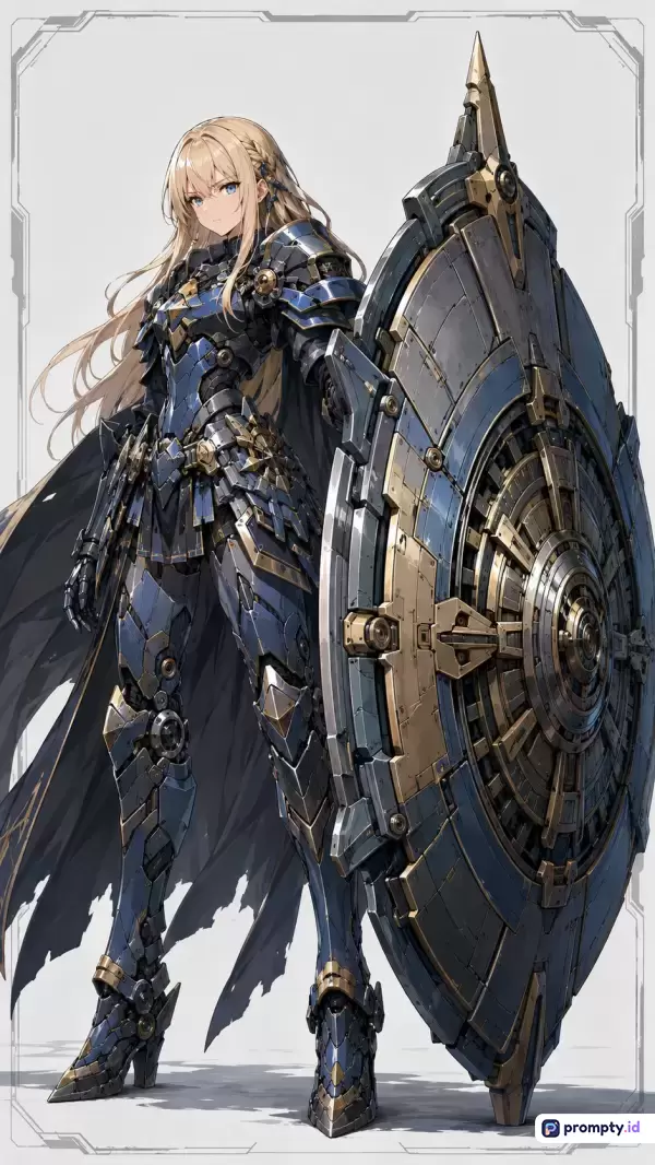 Gambar bergenre anime fantasi futuristik ini menampilkan karakter wanita berambut pirang bermata biru mengenakan armor mekanis rumit berwarna biru tua, hitam, dan emas sambil memegang perisai raksasa dengan kata kunci kesatria, sci-fi, mecha, dan pertahanan, serta didominasi oleh tiga warna utama yaitu biru tua, emas, dan abu-abu.
