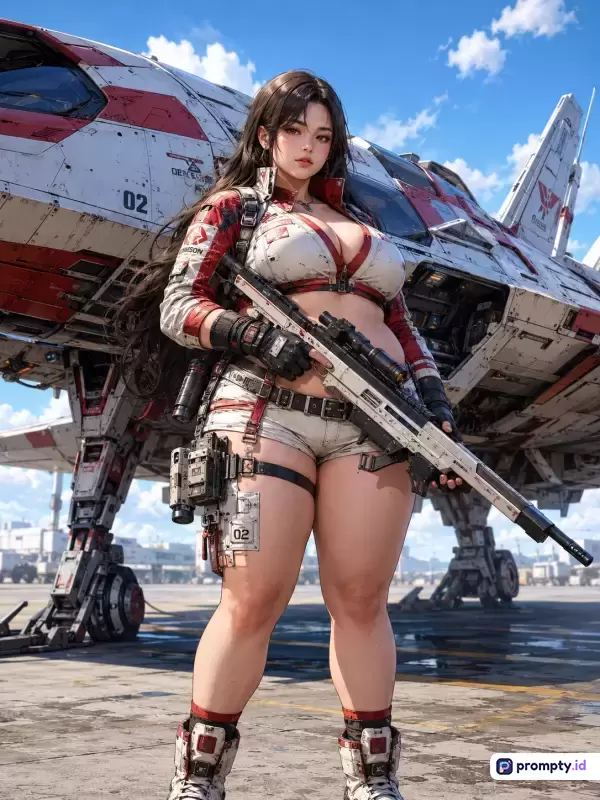 Gambar bergaya seni digital fiksi ilmiah beresolusi tinggi ini menampilkan seorang wanita berambut cokelat berpose percaya diri memegang senapan sniper di depan pesawat luar angkasa futuristik, dengan konten utama berupa karakter sci-fi perempuan tangguh, kata kunci yang mencakup anime, sci-fi, mecha, sniper, dan futuristik, serta didominasi oleh warna putih, merah, dan cokelat.