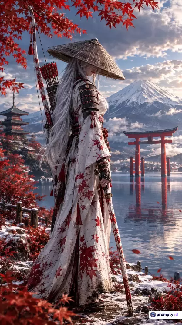 Gambar bergaya seni digital sinematik ini menampilkan seorang pemanah wanita berambut putih berbusana tradisional putih bermotif daun mapel merah dengan topi kerucut bambu, berdiri di tepi danau bersalju dengan latar belakang Gunung Fuji, pagoda, dan gerbang torii, dengan kata kunci: pemanah, samurai, Jepang, Gunung Fuji, salju, dan warna dominan: merah, putih, biru.