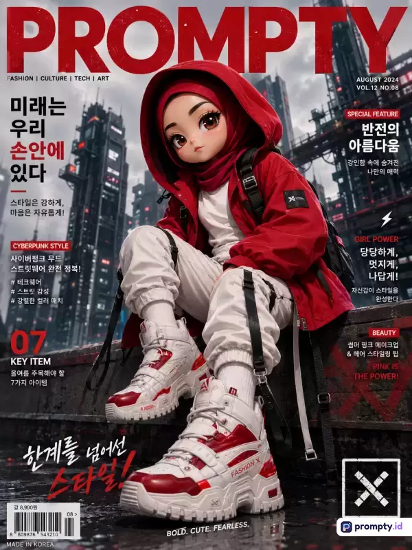 Gambar sampul majalah bergaya digital art ini menampilkan karakter boneka kartun wanita berhijab mengenakan pakaian streetwear merah-putih dengan latar belakang kota cyberpunk futuristik, menggunakan kata kunci mode, teknologi, seni, dan gaya hidup, serta didominasi oleh warna merah, putih, dan abu-abu.
