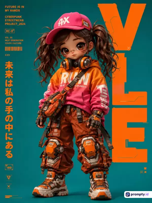 Gambar bergaya 3D digital seni *cyberpunk* ini menampilkan karakter anak perempuan berambut kuncir dua dengan topi pink, mengenakan *hoodie* gradasi oranye-pink dan celana taktis futuristik berpelindung, dilengkapi teks tipografi bahasa Inggris, Jepang, dan huruf besar VLE di latar belakang hijau, dengan kata kunci: *cyberpunk, streetwear, 3D character, futuristic, youth culture, anime style*, dan tiga warna dominan yaitu hijau toska, oranye, serta merah muda.