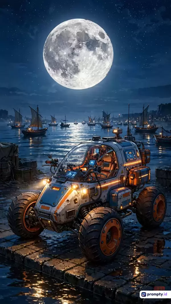 Gambar bergaya digital art fiksi ilmiah ini menampilkan kendaraan penjelajah futuristik beroda besar yang terparkir di dermaga berbatu pada malam hari, berlatar pemandangan laut tenang dengan banyak perahu layar tradisional di bawah langit malam yang diterangi oleh bulan purnama raksasa dan bintang-bintang, menggunakan kata kunci seperti penjelajah futuristik, kendaraan bulan, dermaga malam, perahu layar, bulan purnama, fiksi ilmiah, dengan tiga warna dominan yaitu biru tua, putih, dan jingga.