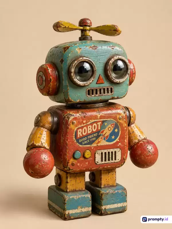 Gambar bergaya mainan klasik vintage ini menampilkan konten robot kayu bertekstur usang dengan latar belakang polos, memiliki kata kunci robot kuno, mainan antik, mainan kayu, gaya retro, nostalgia, serta didominasi oleh tiga warna utama yaitu biru toska, merah karat, dan kuning mustard.