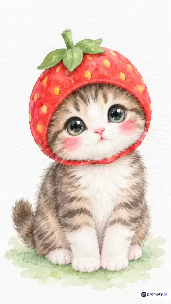 Gambar bergaya cat air ini menampilkan konten seekor anak kucing belang menggemaskan yang mengenakan topi stroberi di atas rumput hijau, dengan kata kunci anak kucing, stroberi, cat air, lucu, ilustrasi, hewan peliharaan, dan warna dominan merah, hijau, serta putih.