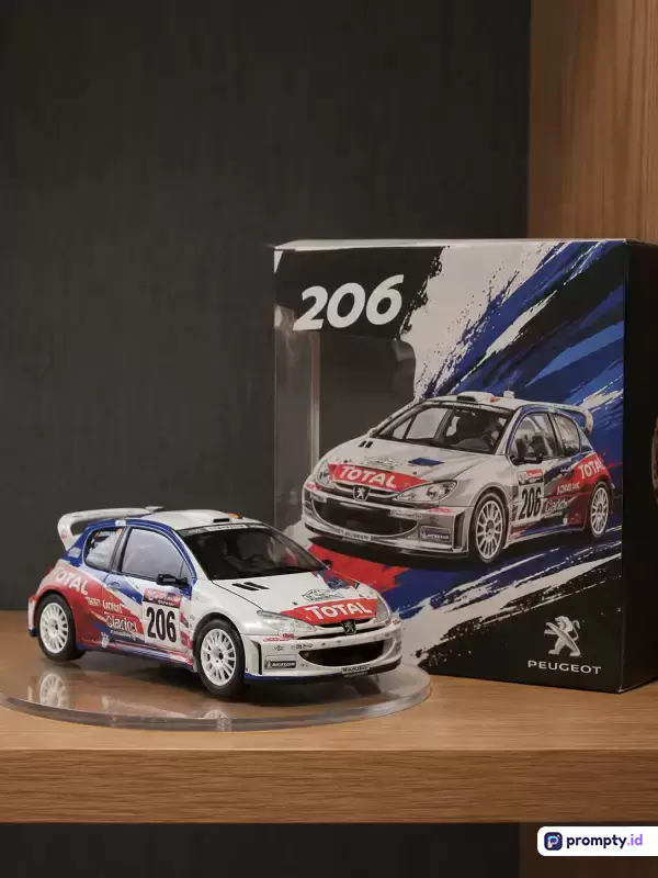 Foto produk bergaya realistis ini menampilkan miniatur mobil balap reli Peugeot 206 WRC dengan corak sponsor Total di atas alas transparan yang diletakkan di samping kemasan aslinya di atas meja kayu, dengan kata kunci diecast, miniatur, Peugeot 206, mobil reli, mainan koleksi, dan fotografi produk, serta didominasi oleh warna putih, biru tua, dan merah.