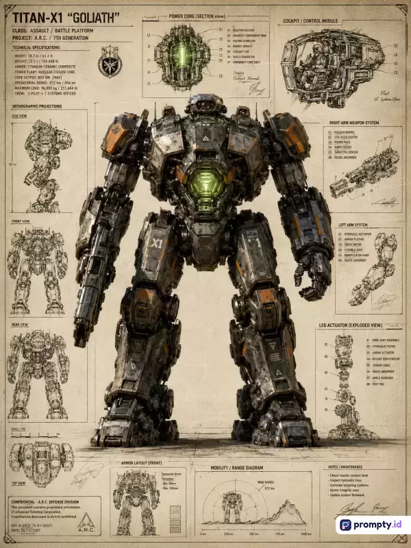 Gambar bergaya blueprint militer sci-fi retro ini menampilkan robot mech tempur besar berlabel TITAN-X1 GOLIATH dengan berbagai skema komponen, teks teknis, dan catatan desain yang didominasi oleh warna cokelat perkamen, abu-abu baja, dan hijau neon, serta kata kunci mech, robot, blueprint, fiksi ilmiah, militer, dan skema teknis.