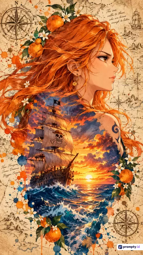 Gambar bergaya ilustrasi digital anime campuran cat air ini menampilkan Nami dari One Piece dengan gaya artistik retro di atas latar belakang peta harta karun antik, menampilkan konten kapal bajak laut berlayar di laut senja dengan kompas, jeruk, dan bunga putih, serta menggunakan kata kunci Nami, One Piece, anime, kapal bajak laut, peta kuno, dan matahari terbenam, didominasi oleh warna oranye terang, biru laut tua, dan krem antik.
