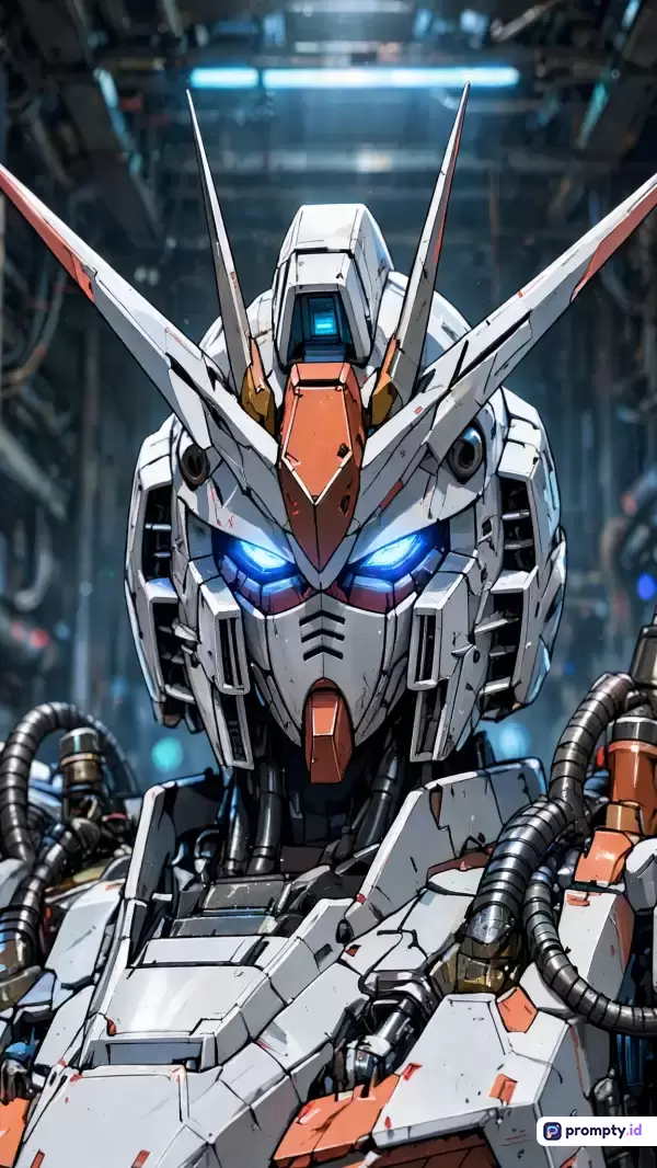 Gambar bergenre fiksi ilmiah dengan gaya ilustrasi digital anime mecha ini menampilkan close-up kepala robot futuristik bergaya Gundam berwarna putih dan oranye dengan mata bercahaya biru di dalam latar belakang hangar mekanis yang detail, serta memiliki kata kunci robot, mecha, fiksi ilmiah, anime, Gundam, futuristik, teknologi, dan mekanik, dengan tiga warna dominan yaitu putih, oranye, dan biru.