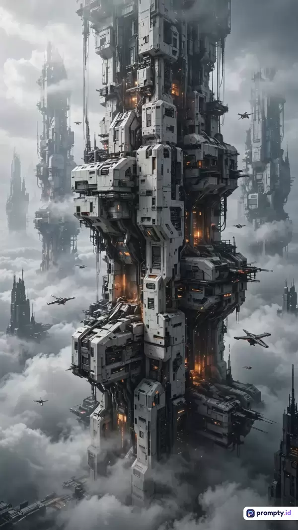 Gambar bergaya digital art fiksi ilmiah ini menampilkan konten struktur megastruktur futuristik dengan menara-menara tinggi yang menembus awan dan dipenuhi pesawat ruang angkasa, serta menggunakan kata kunci seperti sci-fi, futuristik, megastruktur, kota awan, teknologi, dengan dominasi warna putih keperakan, abu-abu gelap, dan kuning jingga hangat.