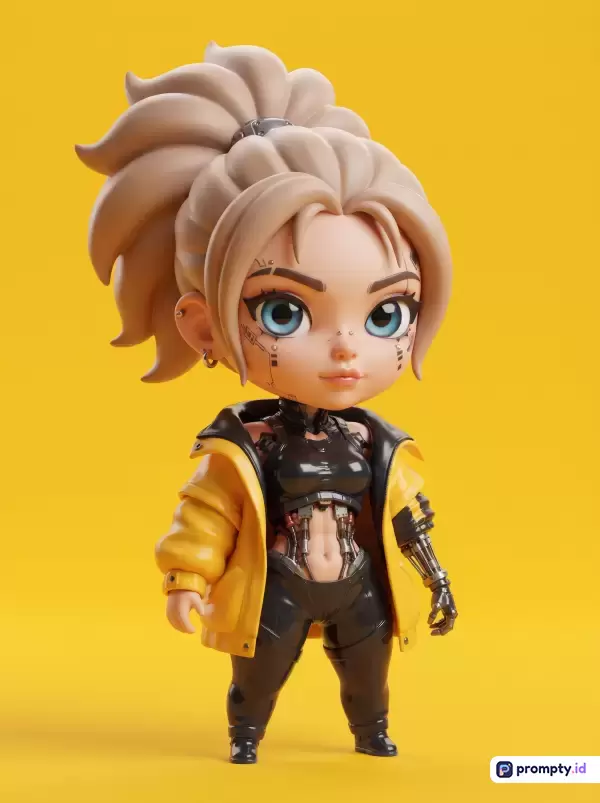 Gambar digital berformat 3D ini menampilkan karakter wanita bergaya chibi bernuansa fiksi ilmiah (cyberpunk) dengan rambut kuncir kuda besar, mengenakan jaket kuning dan pakaian hitam ketat beraksen robotik, serta latar belakang kuning polos, dengan tiga warna dominan yaitu kuning, hitam, dan cokelat muda.