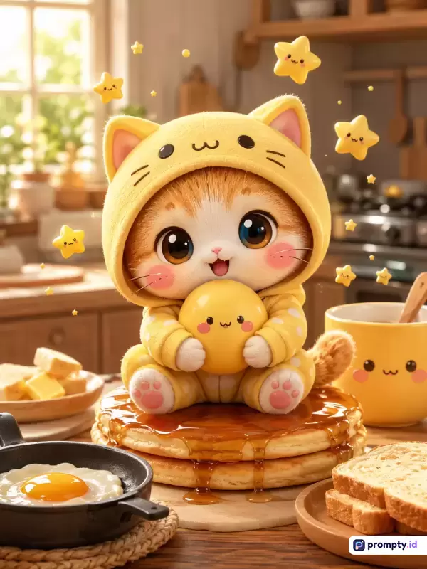 Gambar bergaya seni digital 3D kawaii ini menampilkan anak kucing berbulu jingga menggemaskan mengenakan Onesie kuning sambil memegang mainan berbentuk telur, duduk di atas tumpukan panekuk bersirup di dapur yang hangat, dengan kata kunci kucing, kawaii, panekuk, dapur, imut, dan warna dominan kuning, cokelat, serta putih.