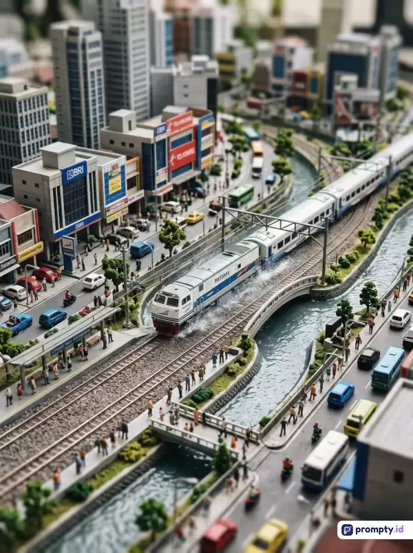 Gambar bergaya diorama miniatur perkotaan ini menampilkan pemandangan kota yang padat dengan kereta api, gedung pencakar langit, sungai, dan jalan raya, menggunakan kata kunci diorama, miniatur, perkotaan, kereta, gedung, sungai, maket, dengan tiga warna dominan yaitu abu-abu, biru, dan hijau.