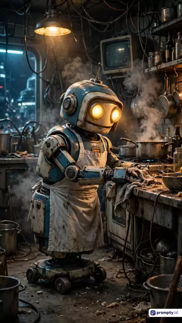 Gambar bergaya sinematik digital ini menampilkan konten robot beroda retro dengan mata menyala dan mengenakan apron yang sedang membersihkan dapur berantakan penuh uap, dengan kata kunci robot, koki, dapur antik, sci-fi, dan steampunk, didominasi oleh warna biru baja, cokelat karat, dan kuning hangat.