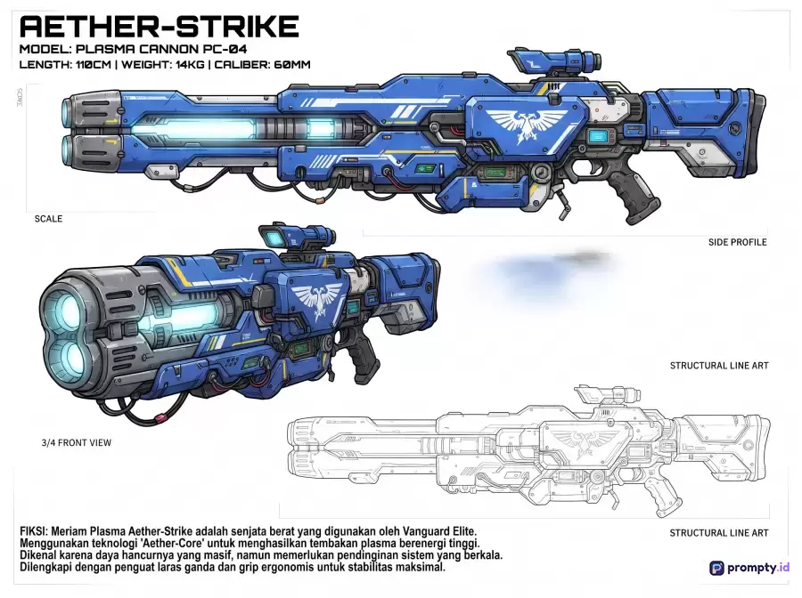 Gambar konsep seni fiksi ilmiah digital bergaya ilustrasi komik ini menampilkan lembar desain senjata berat bertuliskan Aether-Strike Plasma Cannon PC-04 dengan konten berupa beberapa sudut pandang meriam futuristik berlaras ganda, yang diperkaya dengan kata kunci seperti senjata futuristik, sci-fi, *concept art*, meriam plasma, dan desain mekanik, serta didominasi oleh warna biru, abu-abu, dan putih.