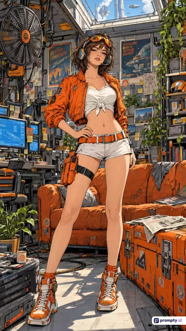 Gambar bergaya anime modern ini menampilkan seorang wanita muda berambut pendek dengan pakaian bernuansa fiksi ilmiah berdiri di dalam ruangan mekanik berantakan yang dipenuhi komputer dan tanaman, dengan dominasi warna oranye, putih, dan abu-abu, serta kata kunci fiksi ilmiah, montir wanita, anime, dan ruangan masa depan.