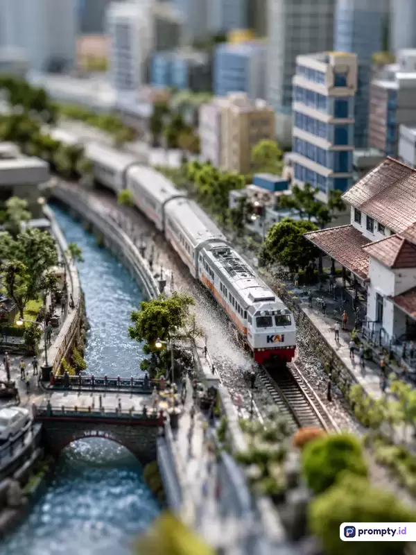 Gambar fotografi diorama bergaya makro tilt-shift ini menampilkan konten miniatur pemandangan perkotaan Indonesia yang realistis dengan kereta api KAI melintasi rel di samping sungai dan stasiun, diperkaya kata kunci seperti diorama, miniatur, kereta api, KAI, kota, sungai, dan arsitektur, didominasi warna abu-abu, biru, dan cokelat, dengan 3 warna dominan yaitu abu-abu, biru, dan cokelat.
