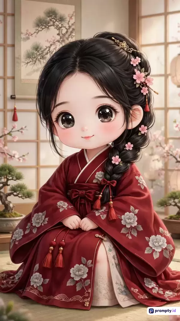Gambar bergaya Chibi dan ilustrasi digital anime ini menampilkan konten seorang gadis kecil berambut hitam dengan kepangan yang dihiasi bunga sakura dan mengenakan hanfu merah bermotif bunga putih, berlatar ruangan tradisional Asia dengan elemen pohon bonsai dan jendela shoji, serta menggunakan kata kunci anak perempuan, hanfu, chibi, bunga sakura, dan tradisional, dengan dominasi warna merah marun, cokelat muda, dan putih.
