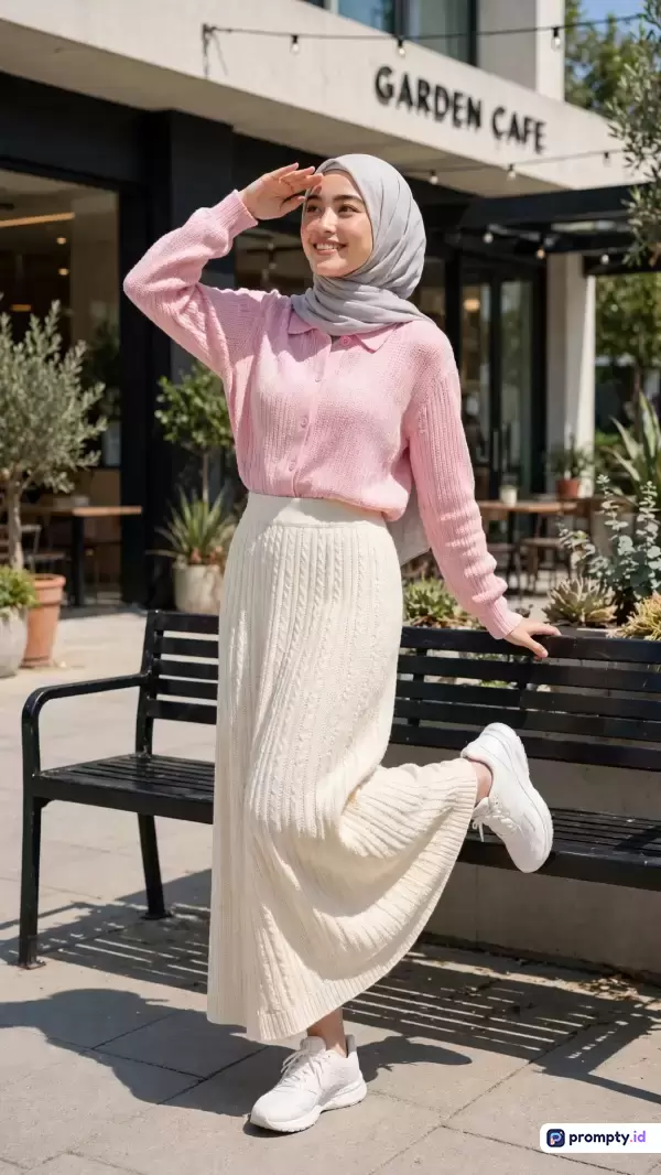 Gambar fotografi lifestyle berkonsep ceria ini menampilkan seorang wanita berhijab abu-abu, sweater rajut merah muda, dan rok putih sedang berpose riang di depan kafe dengan tiga warna dominan yaitu merah muda, putih, dan abu-abu.