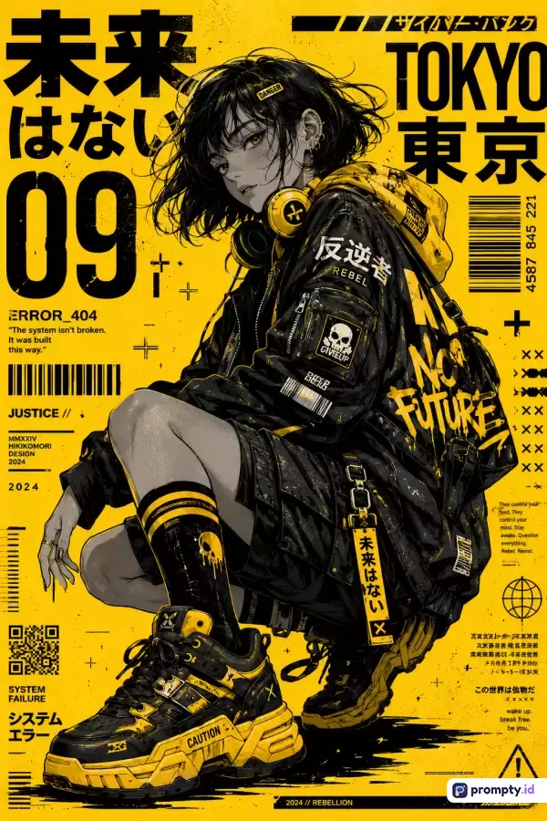 Gambar ber-gaya ilustrasi manga cyberpunk kontemporer ini menampilkan konten seorang wanita muda berambut pendek mengenakan jaket streetwear hitam-kuning dengan elemen tipografi majalah futuristik, memiliki kata kunci Tokyo, cyberpunk, anime, streetwear, rebel, didominasi oleh palet warna kuning cerah, hitam arang, dan putih tulang.