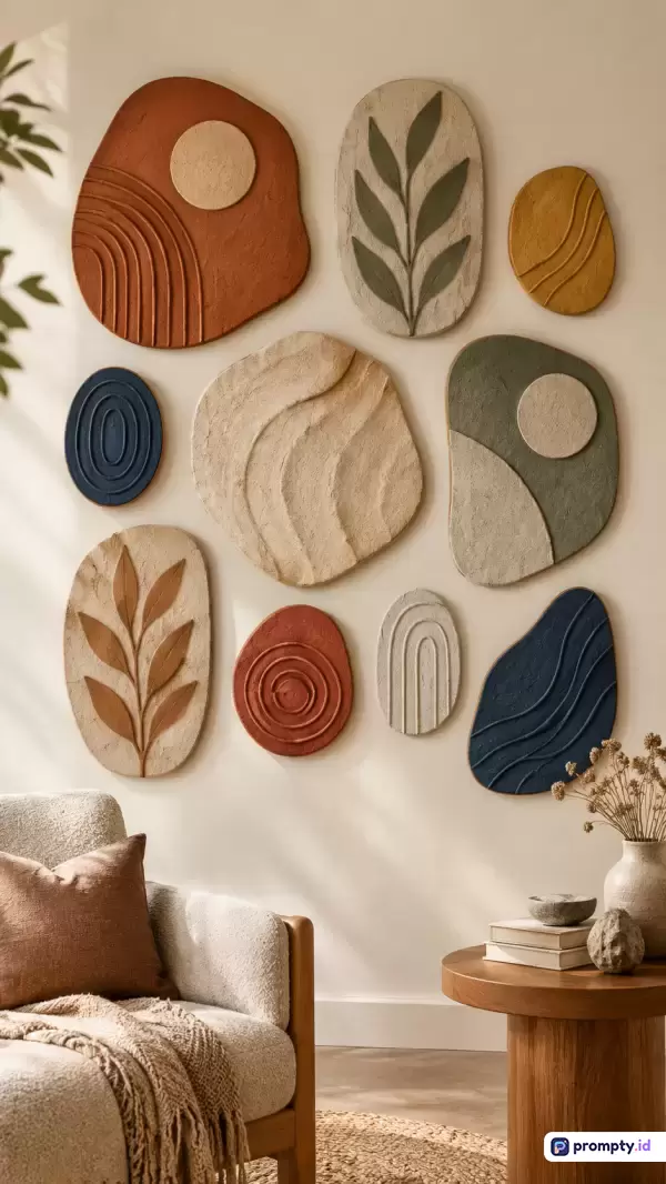 Gambar ini menampilkan dekorasi dinding bergaya seni tekstur modern minimalis dengan konten berupa pajangan gantung abstrak berbentuk organik yang memadukan unsur botok, garis, dan relief timbul, serta dihiasi kata kunci dekorasi interior, seni plester, dan estetika bumi, dengan palet warna dominan terakota, krem, dan hijau zaitun.