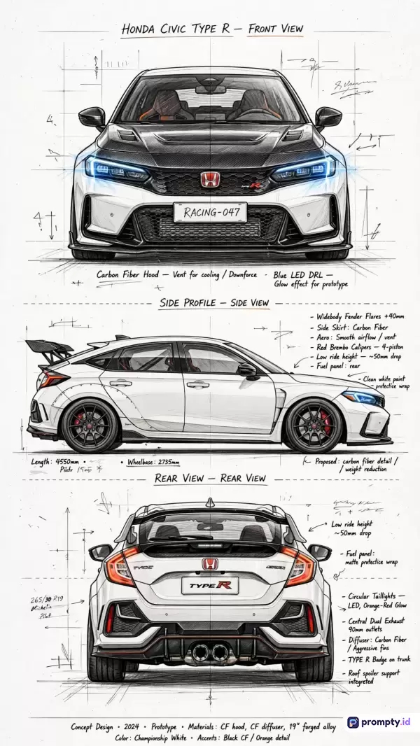 Gambar teknik bergaya sketsa konseptual cetak biru (blueprint) berwarna putih, hitam, dan merah ini menampilkan visualisasi eksterior mobil Honda Civic Type R dari tiga sudut pandang (depan, samping, dan belakang) yang dilengkapi dengan berbagai catatan spesifikasi teknis, dimensi, serta detail material seperti serat karbon, dengan kata kunci utama desain otomotif, sketsa teknik, Honda Civic, modifikasi balap, dan blueprint, serta didominasi oleh tiga warna utama yaitu putih, hitam, dan merah.