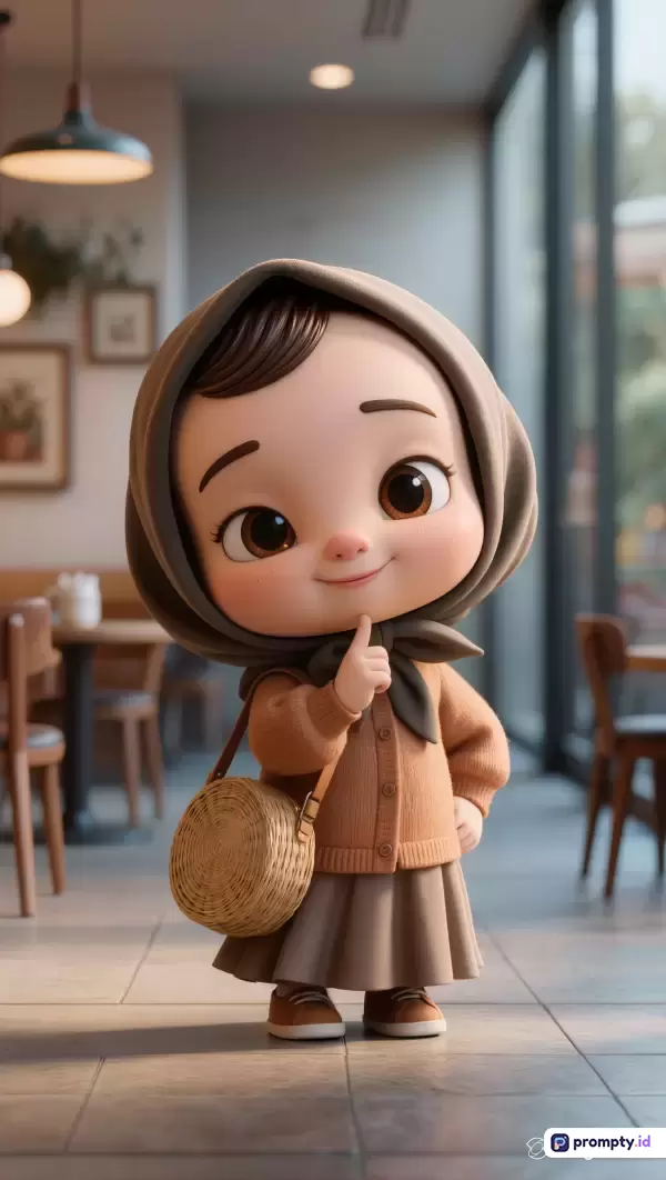 Gambar bergaya animasi 3D ini menampilkan seorang anak perempuan berhijab cokelat yang sedang tersenyum manis dengan latar kafe hangat, menggunakan kata kunci anak, hijab, animasi 3D, kafe, tas rotan, dan didominasi oleh warna cokelat muda, cokelat tua, serta krem.