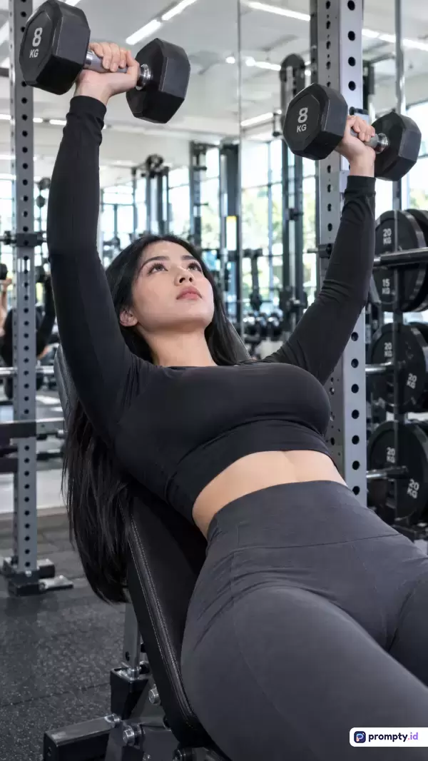 Gambar fotografi vertikal ini menampilkan seorang wanita berambut hitam panjang mengenakan setelan pakaian olahraga lengan panjang dan celana legging ketat berwarna hitam yang sedang berbaring di atas bangku angkat beban di dalam pusat kebugaran modern sambil mengangkat dua buah dumbbell berukuran 8 kg dengan ekspresi serius; gaya visualnya tajam dan realistis dengan dominasi warna hitam, abu-abu, dan putih; kata kunci: wanita, fitness, gym, dumbbell, angkat beban, olahraga, kesehatan, latihan kekuatan, otot, kebugaran, gaya hidup aktif, fasilitas modern.