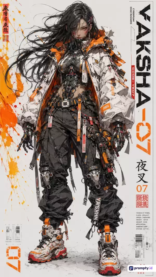 Gambar bergaya ilustrasi digital anime bertema fiksi ilmiah futuristik ini menampilkan konten seorang perempuan cyborg berambut hitam panjang yang mengenakan jaket putih-oranye dan celana kargo hitam dengan dominasi warna putih, hitam, serta oranye, sementara kata kunci utamanya meliputi cyberpunk, sci-fi, cyborg, anime, dan techwear.