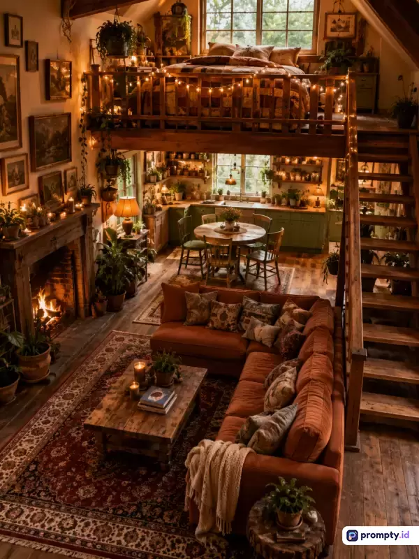 Gambar bergaya fotografi interior sinematik yang realistis ini menampilkan ruang tamu dan loteng loteng bergaya *rustic cottagecore* dengan sofa cokelat terakota besar, perapian menyala, dan dekorasi tanaman rimbun di bawah pencahayaan lampu peri hangat, dengan kata kunci interior, loteng, pedesaan, tanaman, hangat, dan warna dominan cokelat tua, terakota hangat, serta hijau zaitun.