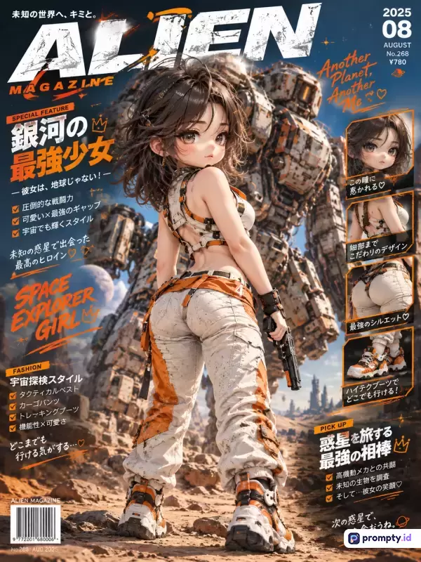 Gambar majalah fiksi ilmiah bergenre anime 3D ini menampilkan seorang gadis berambut cokelat dengan gaya taktis di depan robot raksasa, didominasi oleh warna jingga, putih, dan cokelat tanah, serta diisi oleh kata kunci seperti fiksi ilmiah, mecha, penjelajah luar angkasa, gadis anime, dan mode taktis.